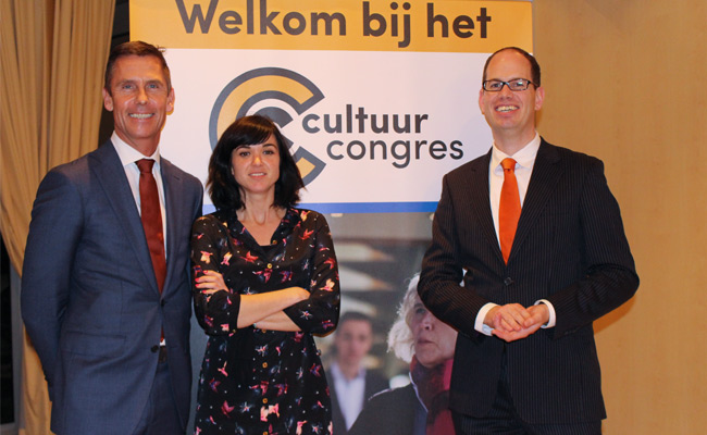 Cultuurcongres 2014 met van links naar rechts Roel Vente, Aniek van Dam en organisator Job Gerlings.