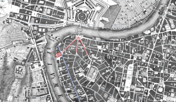 1 - Via Giulia (blauw) en het eerste trivium, aangelegd in opdracht van Leo X (rood).