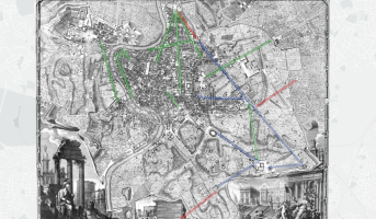6 - het plan van Paus Sixtus V en Domenico Fontana. 
- Blauw: de aangelegde straten in opdracht van