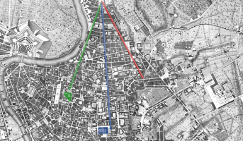 9 - Trivium vanaf het Piazza del Popolo.
- Groen: Via di Ripetta, met onderin Palazzo Madama
- Bla